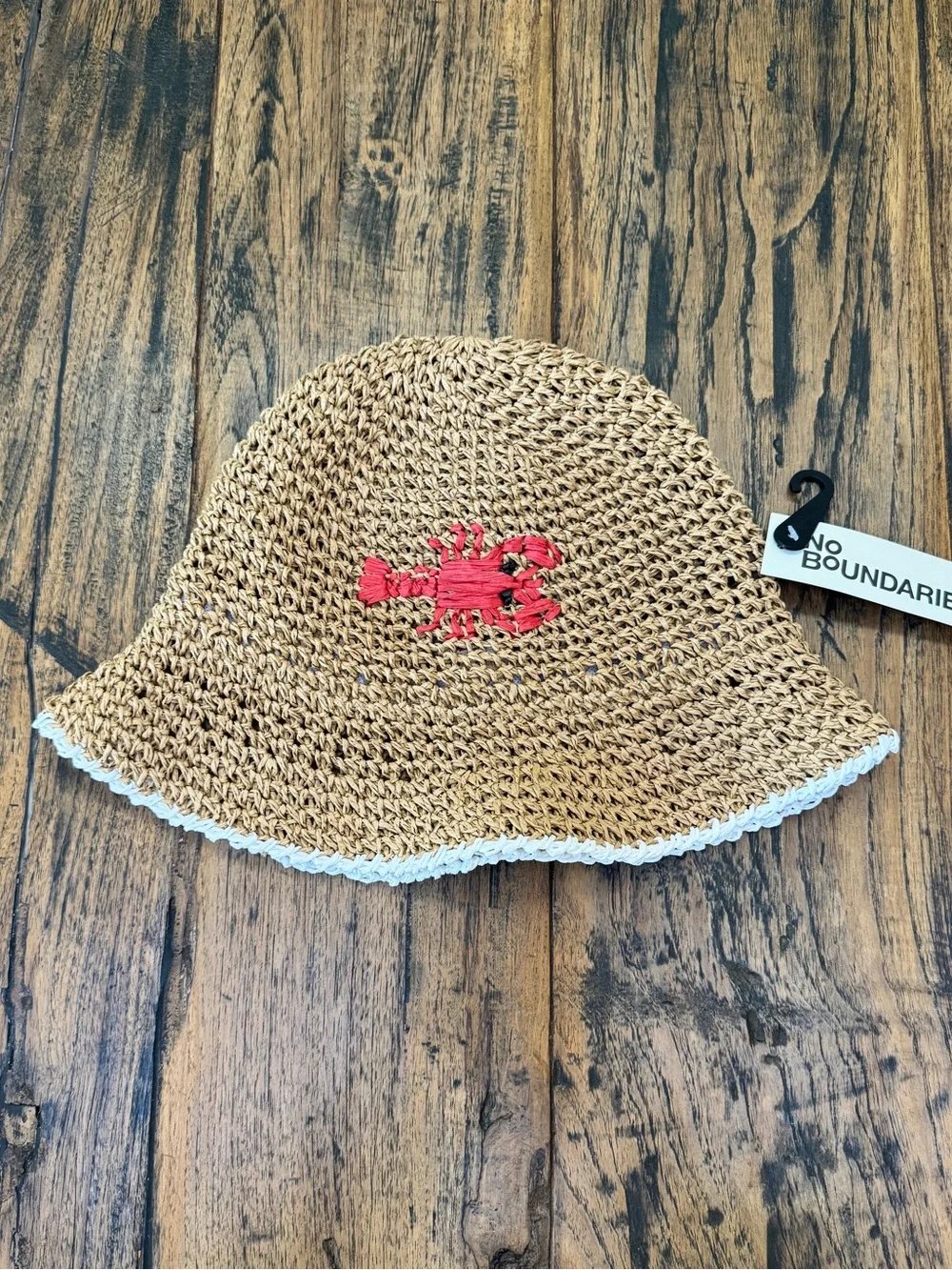 NWT No Boundaries Coastal Chic Red Lobster Woven Straw Bucket Hat White Trim OS